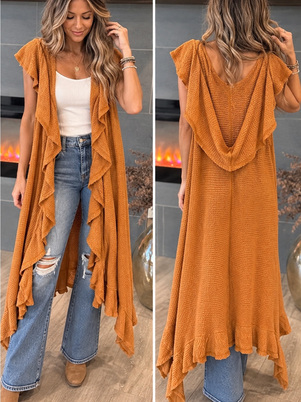 Kori Rust Orange Ruffle Cascade Sleeveless Cardigan